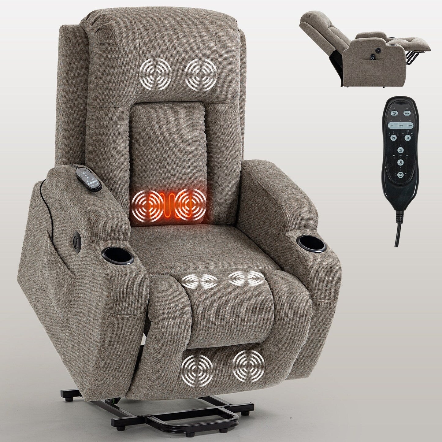 Infinite Position Power Lift Recliner with Massage and Heat, Dual USB Ports, Cup Holders, Side Pockets, Ideal for Seniors