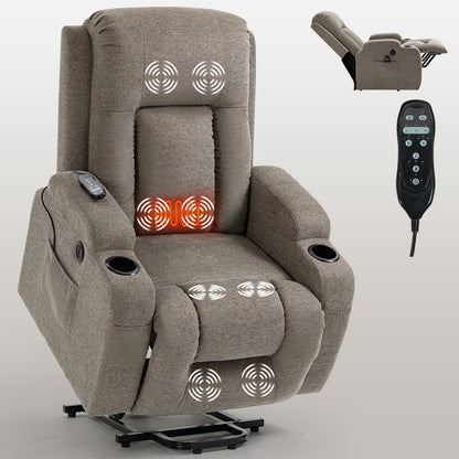 Infinite Position Power Lift Recliner with Massage and Heat, Dual USB Ports, Cup Holders, Side Pockets, Ideal for Seniors