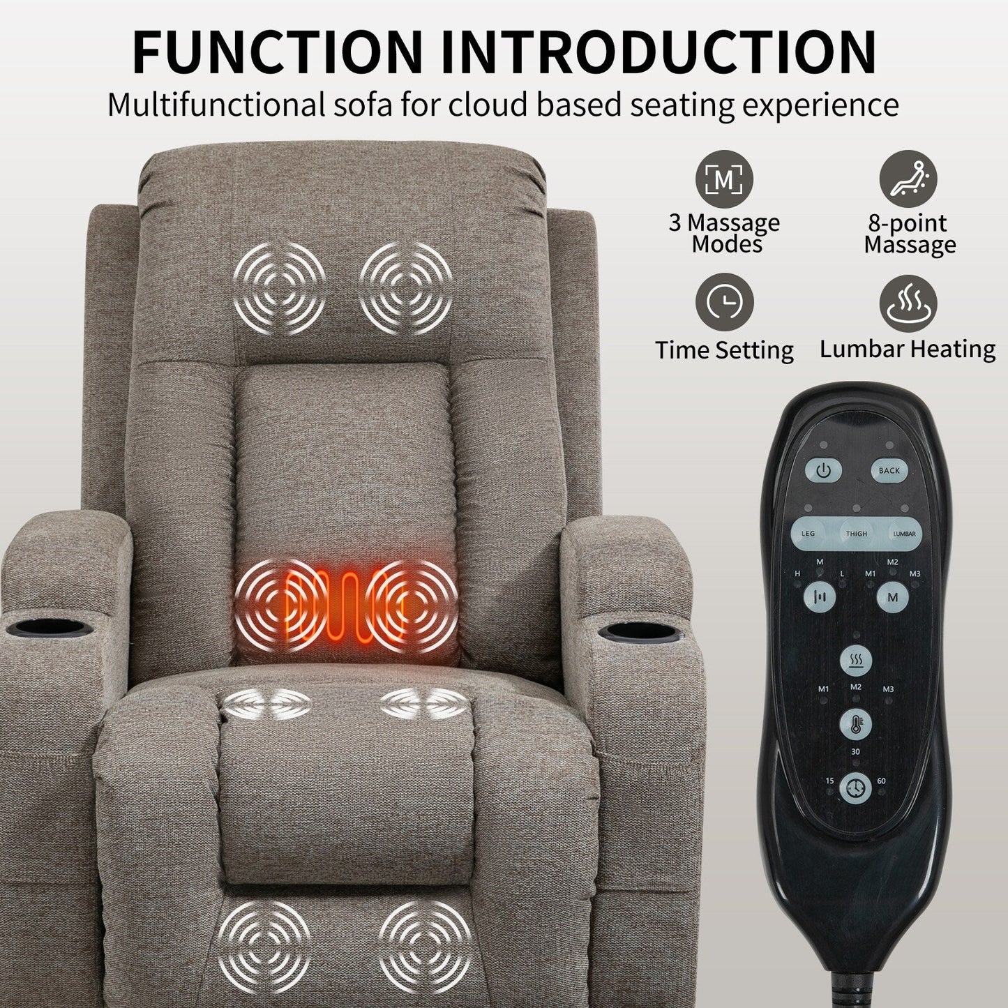 Infinite Position Power Lift Recliner with Massage and Heat, Dual USB Ports, Cup Holders, Side Pockets, Ideal for Seniors