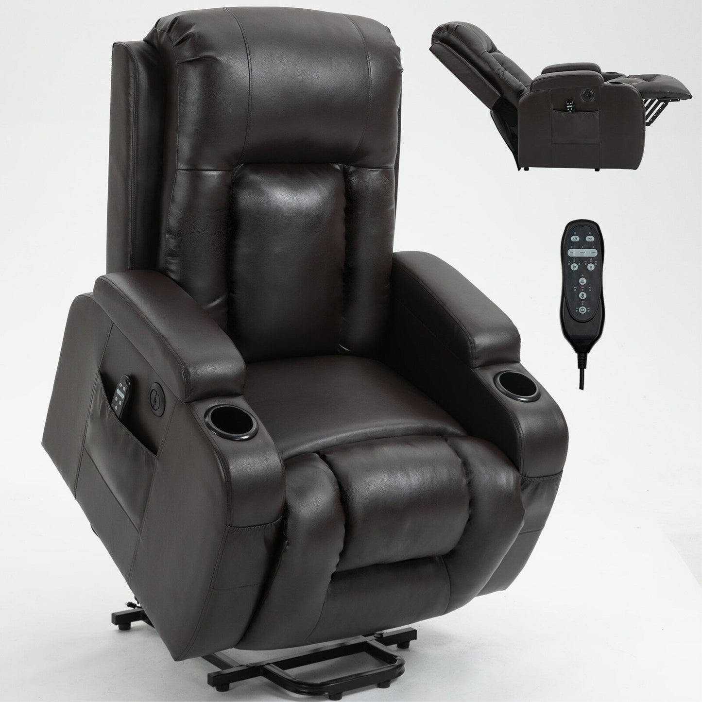 Infinite Position Power Lift Recliner with Massage and Heat, Dual USB Ports, Cup Holders, Side Pockets, Ideal for Seniors