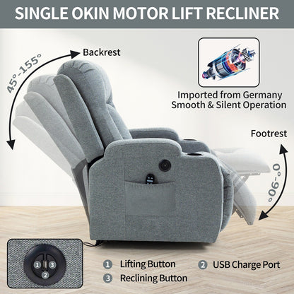 Infinite Position Power Lift Recliner with Massage and Heat, Dual USB Ports, Cup Holders, Side Pockets, Ideal for Seniors