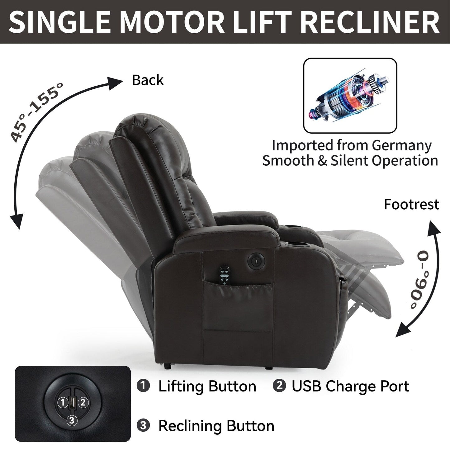 Infinite Position Power Lift Recliner with Massage and Heat, Dual USB Ports, Cup Holders, Side Pockets, Ideal for Seniors