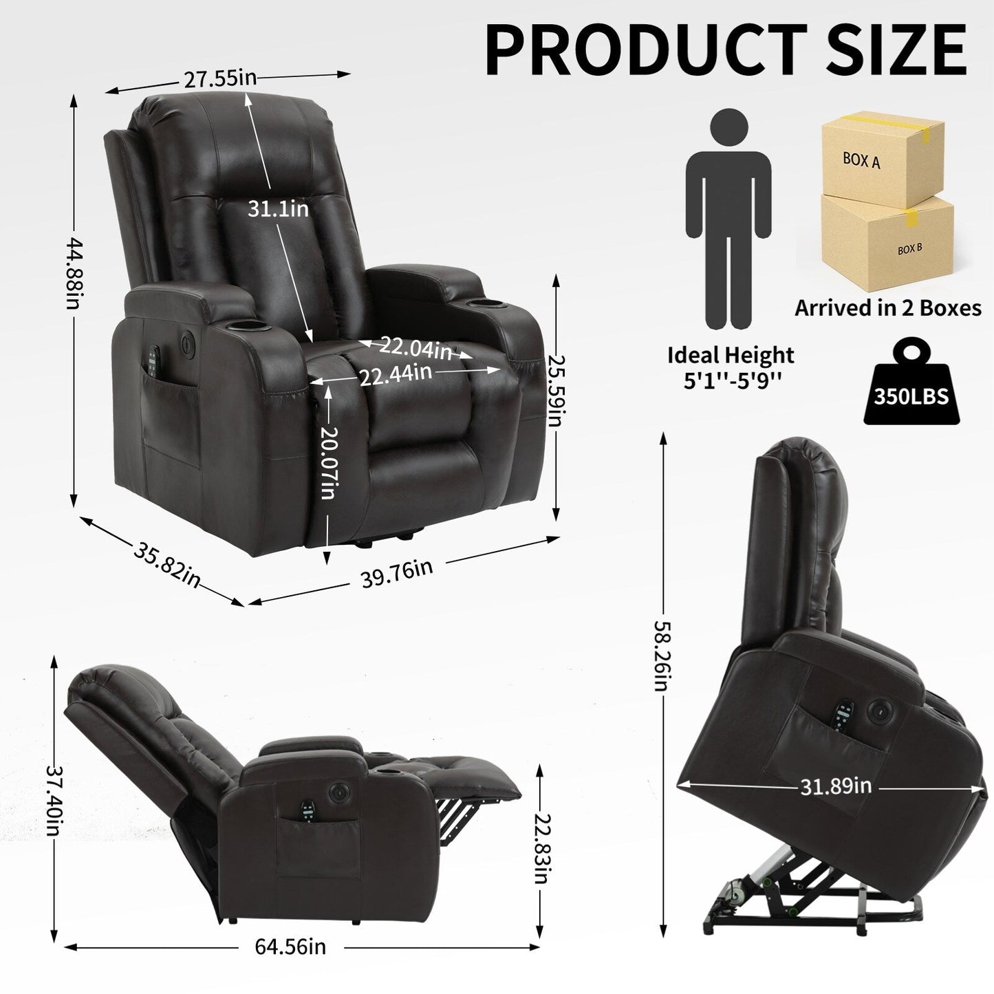 Infinite Position Power Lift Recliner with Massage and Heat, Dual USB Ports, Cup Holders, Side Pockets, Ideal for Seniors