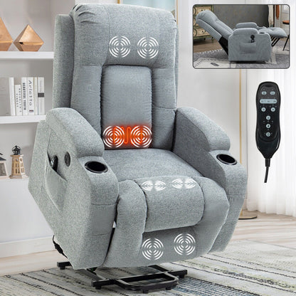 Infinite Position Power Lift Recliner with Massage and Heat, Dual USB Ports, Cup Holders, Side Pockets, Ideal for Seniors