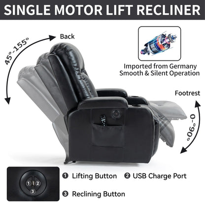 Infinite Position Power Lift Recliner with Massage and Heat, Dual USB Ports, Cup Holders, Side Pockets, Ideal for Seniors