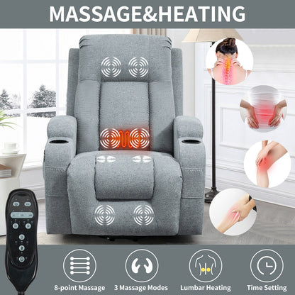 Infinite Position Power Lift Recliner with Massage and Heat, Dual USB Ports, Cup Holders, Side Pockets, Ideal for Seniors