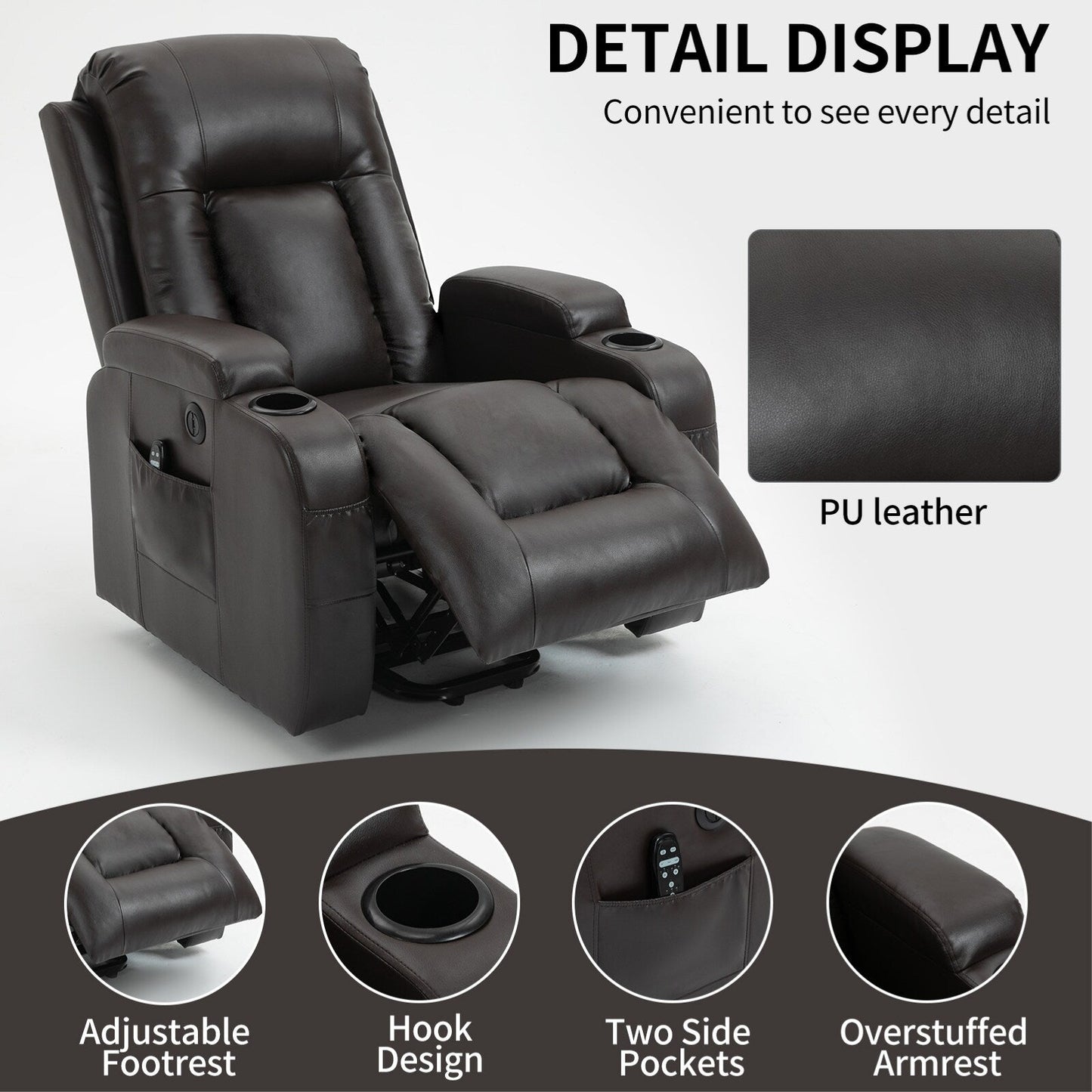 Infinite Position Power Lift Recliner with Massage and Heat, Dual USB Ports, Cup Holders, Side Pockets, Ideal for Seniors