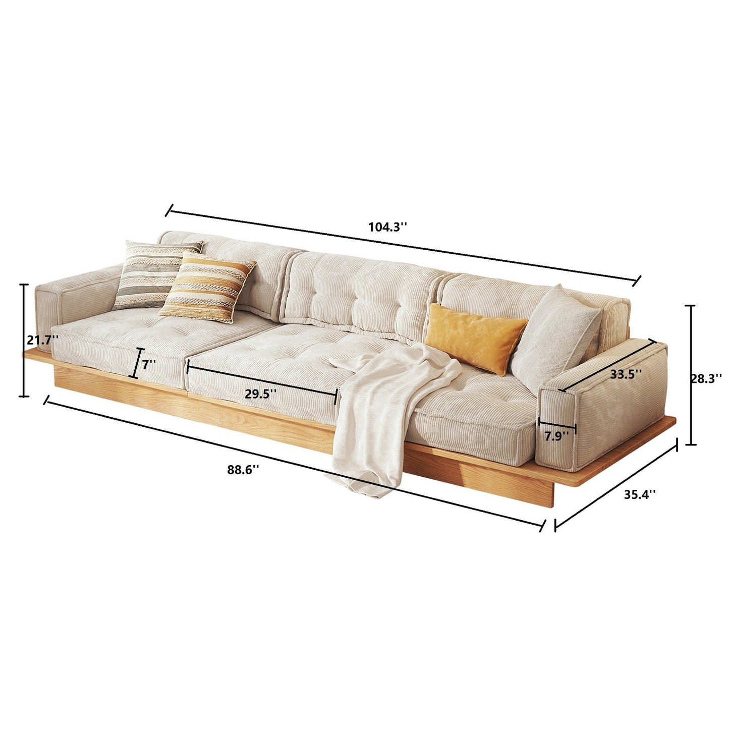 JASIWAY Corduroy Beige Sofa With Wood Frame