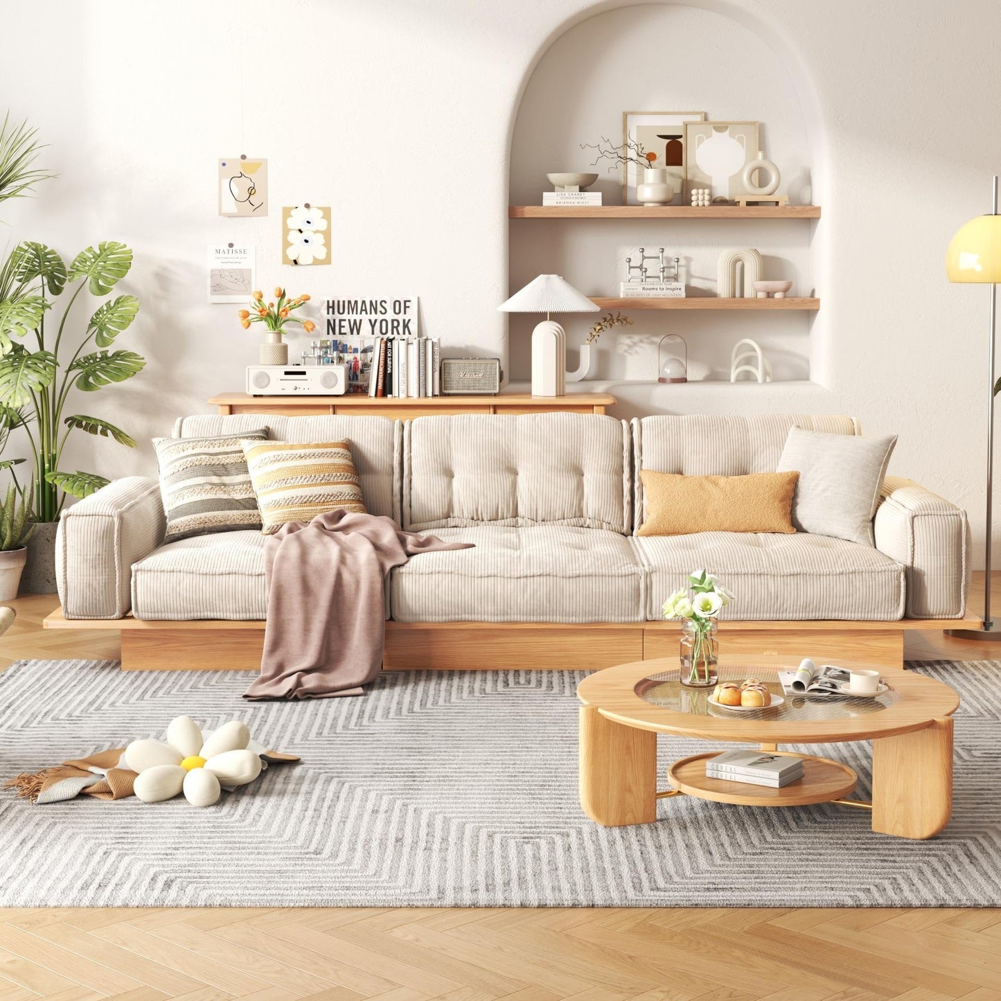 JASIWAY Corduroy Beige Sofa With Wood Frame