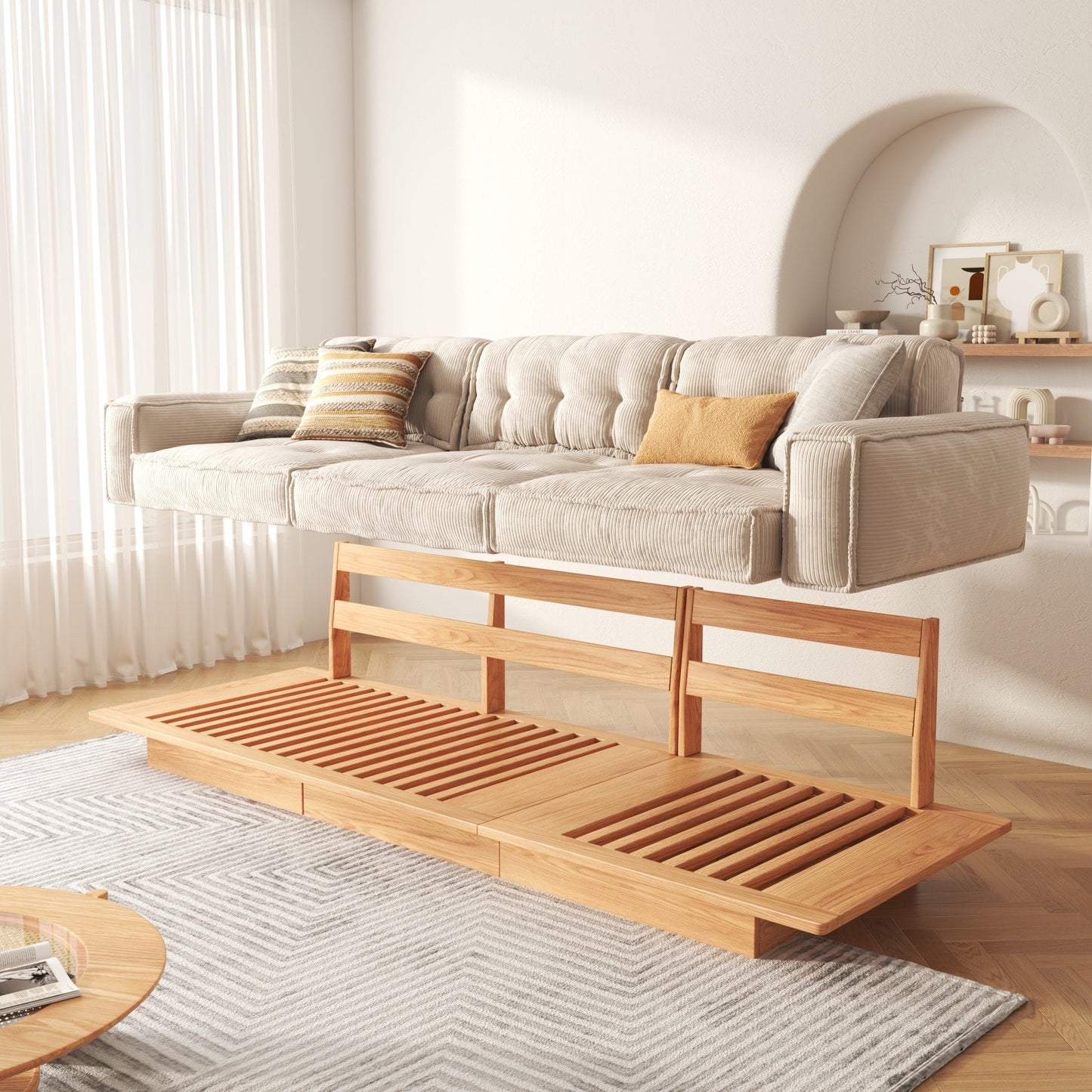 JASIWAY Corduroy Beige Sofa With Wood Frame