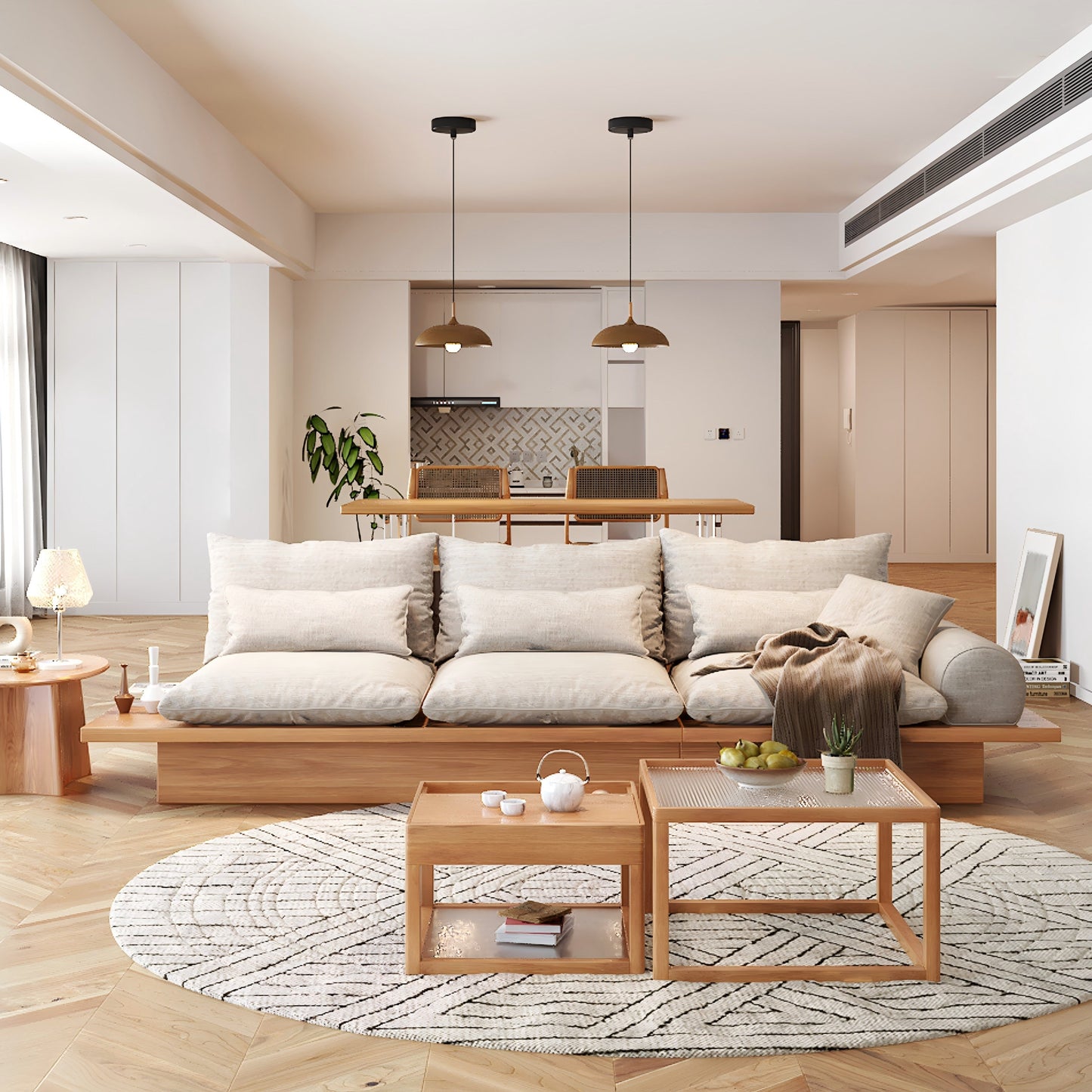 JASIWAY Cotton Line Beige Sofa With Wood Frame