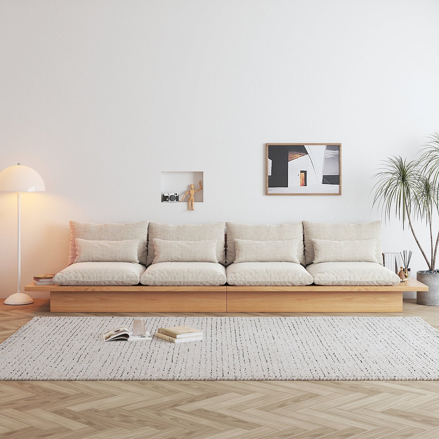 JASIWAY Cotton Line Beige Sofa With Wood Frame