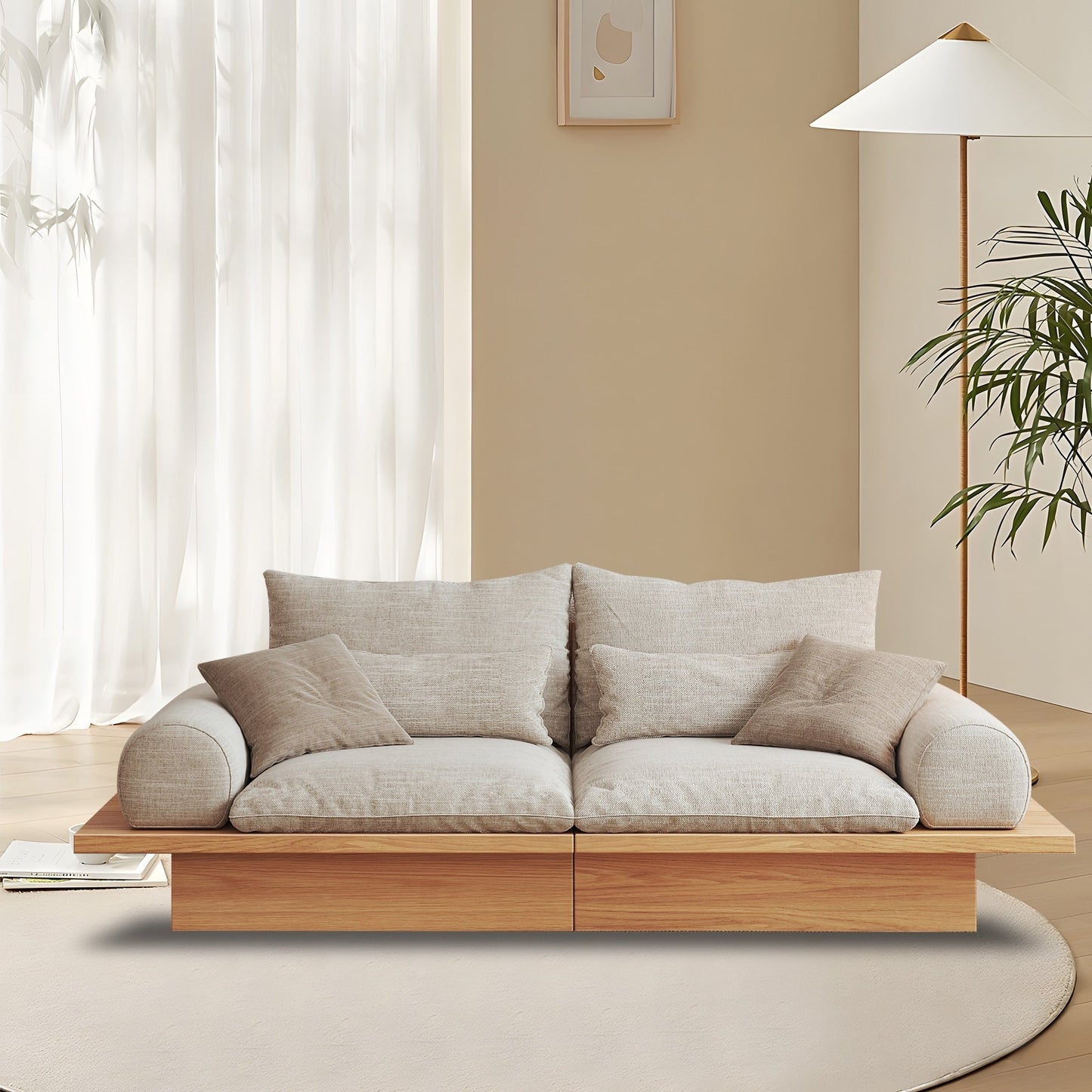 JASIWAY Cotton Line Beige Sofa With Wood Frame