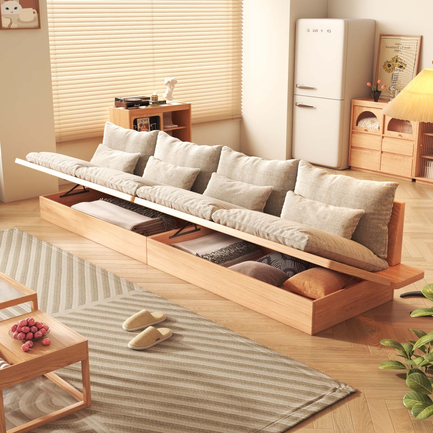 JASIWAY Cotton Line Beige Sofa With Wood Frame