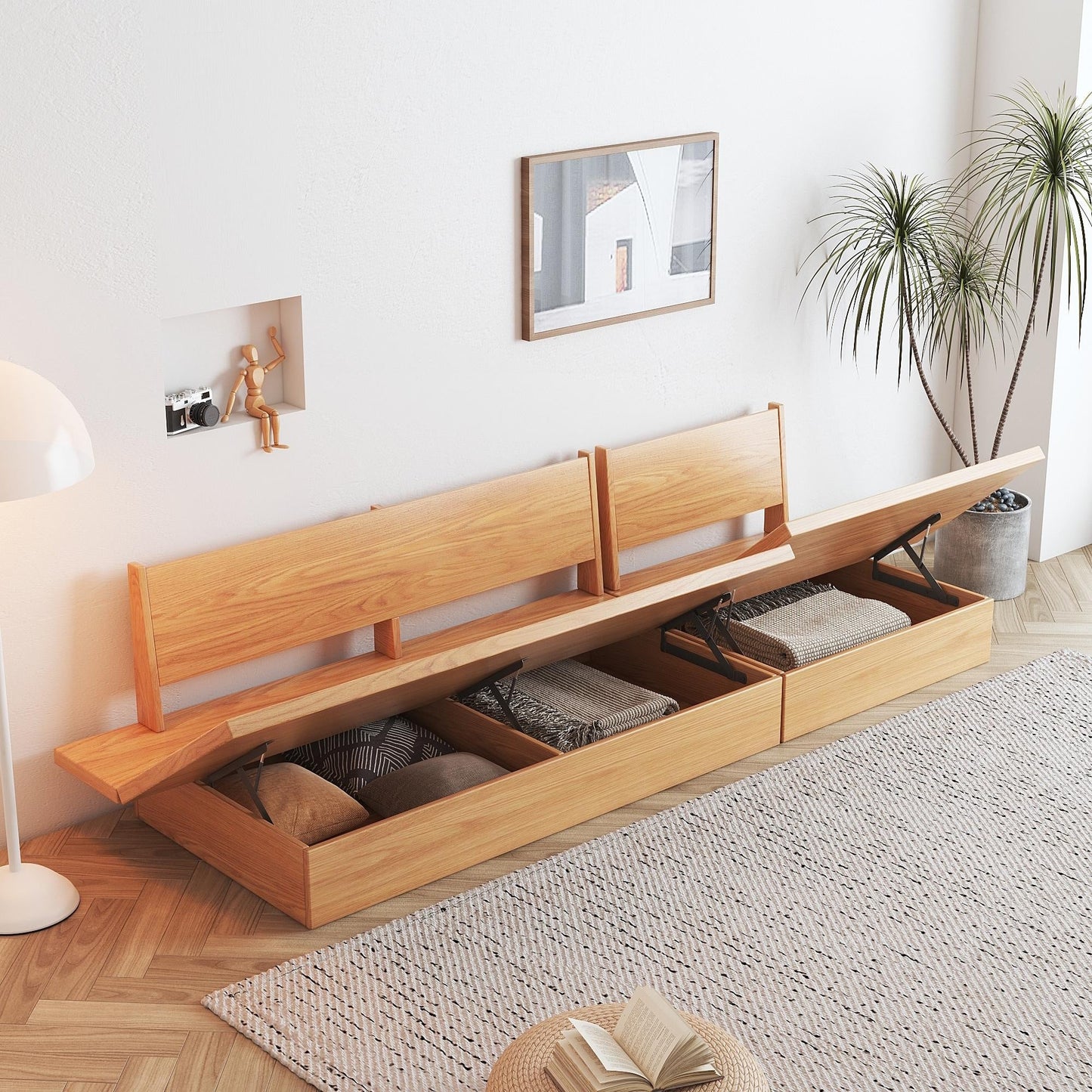 JASIWAY Cotton Line Beige Sofa With Wood Frame