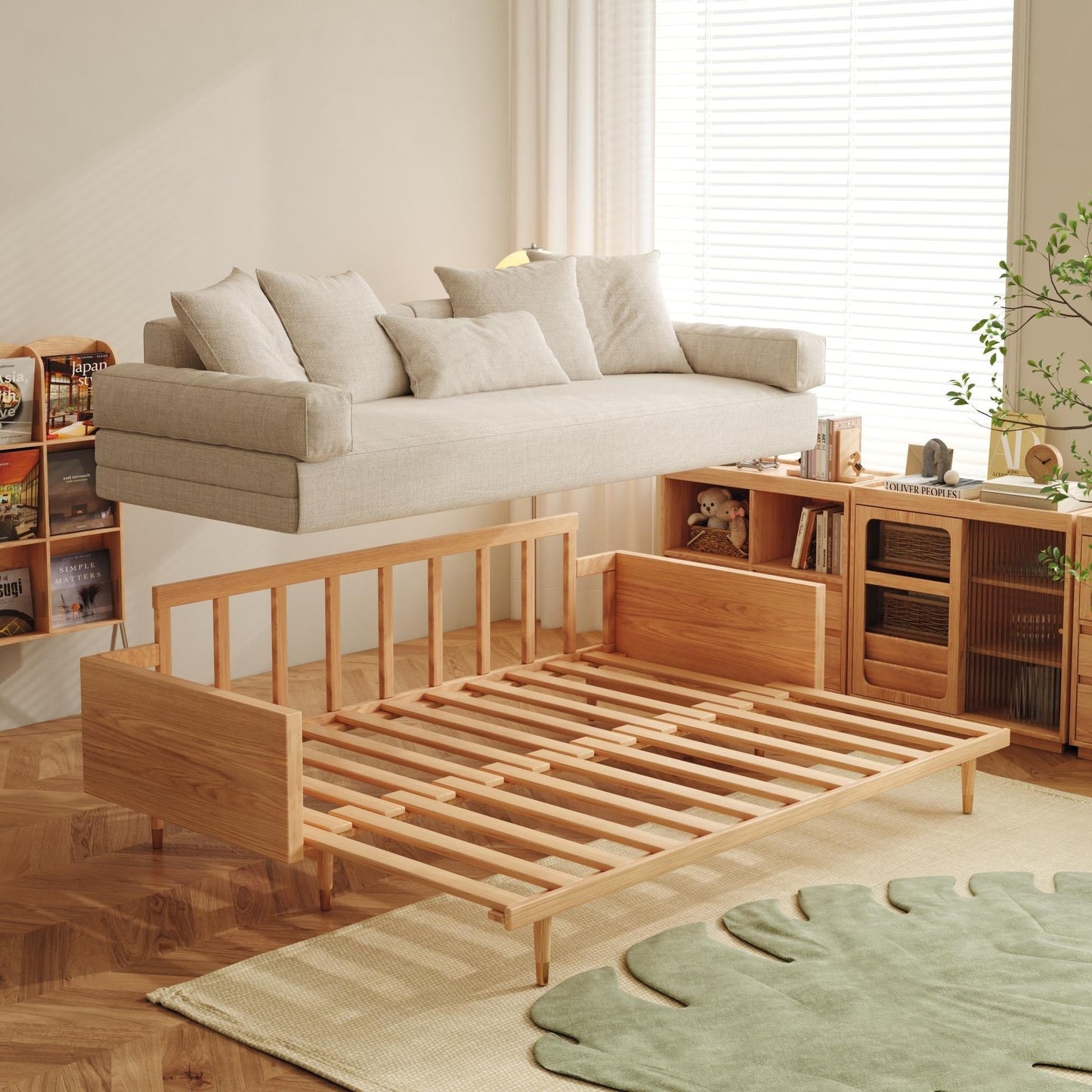 JASIWAY Modern Retractable Solid Wood Sleeper Sofa Bed