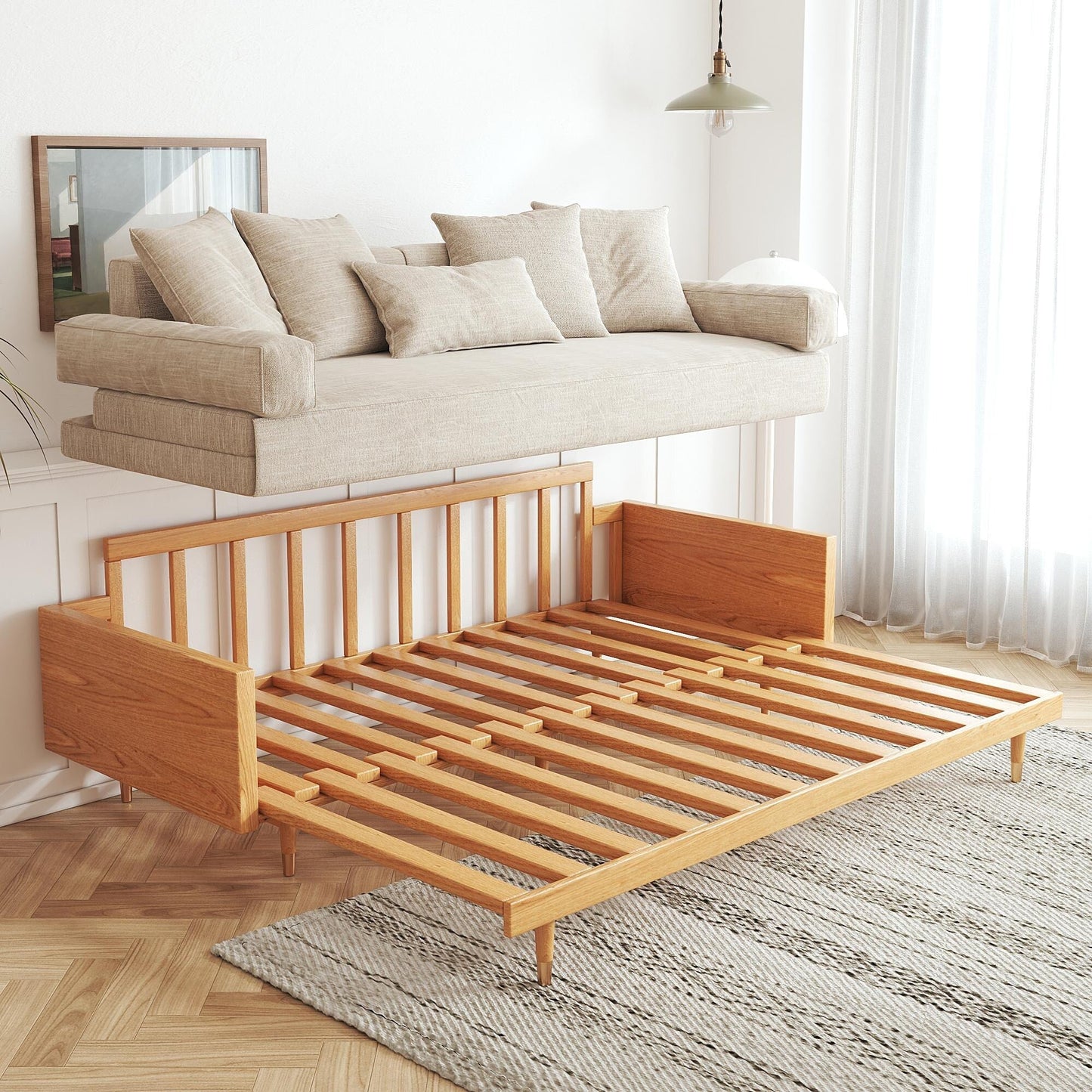 JASIWAY Modern Retractable Solid Wood Sleeper Sofa Bed