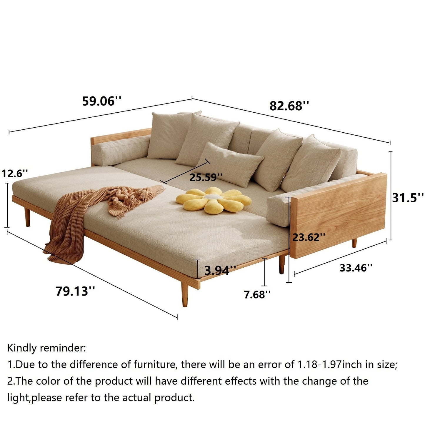 JASIWAY Modern Retractable Solid Wood Sleeper Sofa Bed