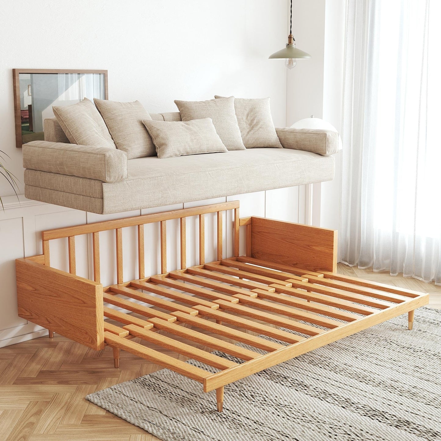 JASIWAY Modern Retractable Solid Wood Sleeper Sofa Bed