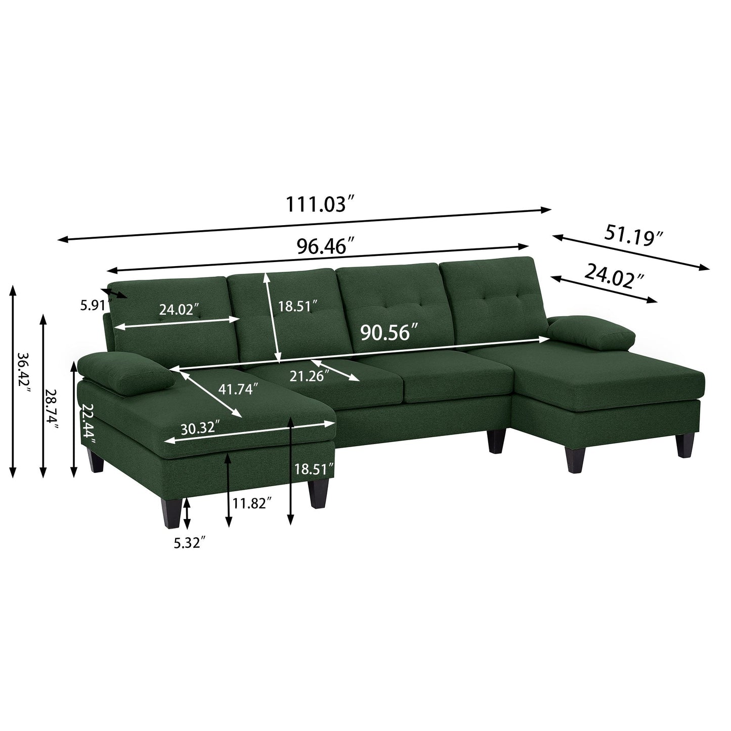 Jarenie U-Shaped 4 Seat Sectional Sofa Couch with Double Chaise for Living Room