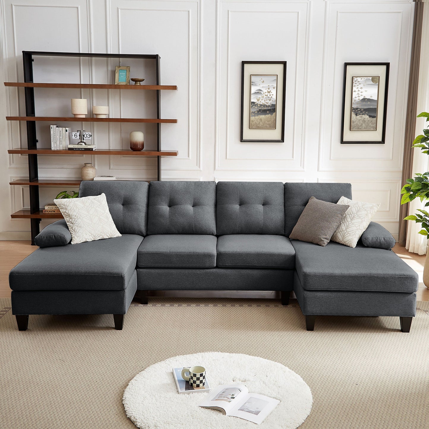 Jarenie U-Shaped 4 Seat Sectional Sofa Couch with Double Chaise for Living Room