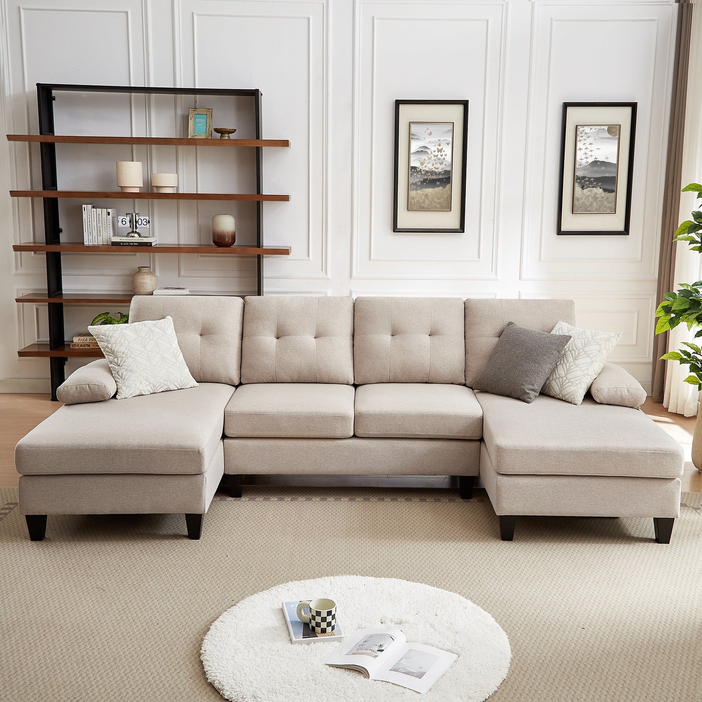 Jarenie U-Shaped 4 Seat Sectional Sofa Couch with Double Chaise for Living Room