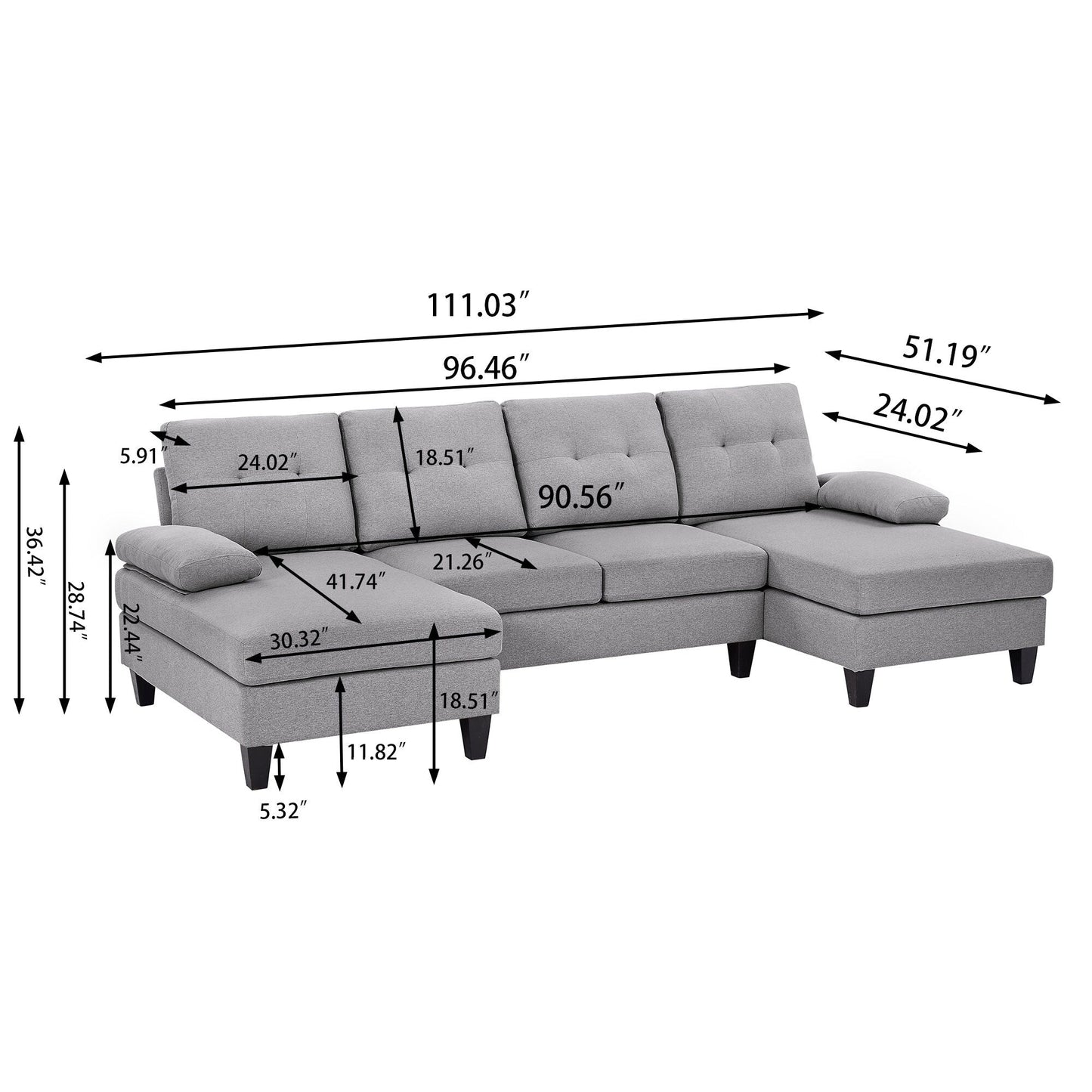 Jarenie U-Shaped 4 Seat Sectional Sofa Couch with Double Chaise for Living Room