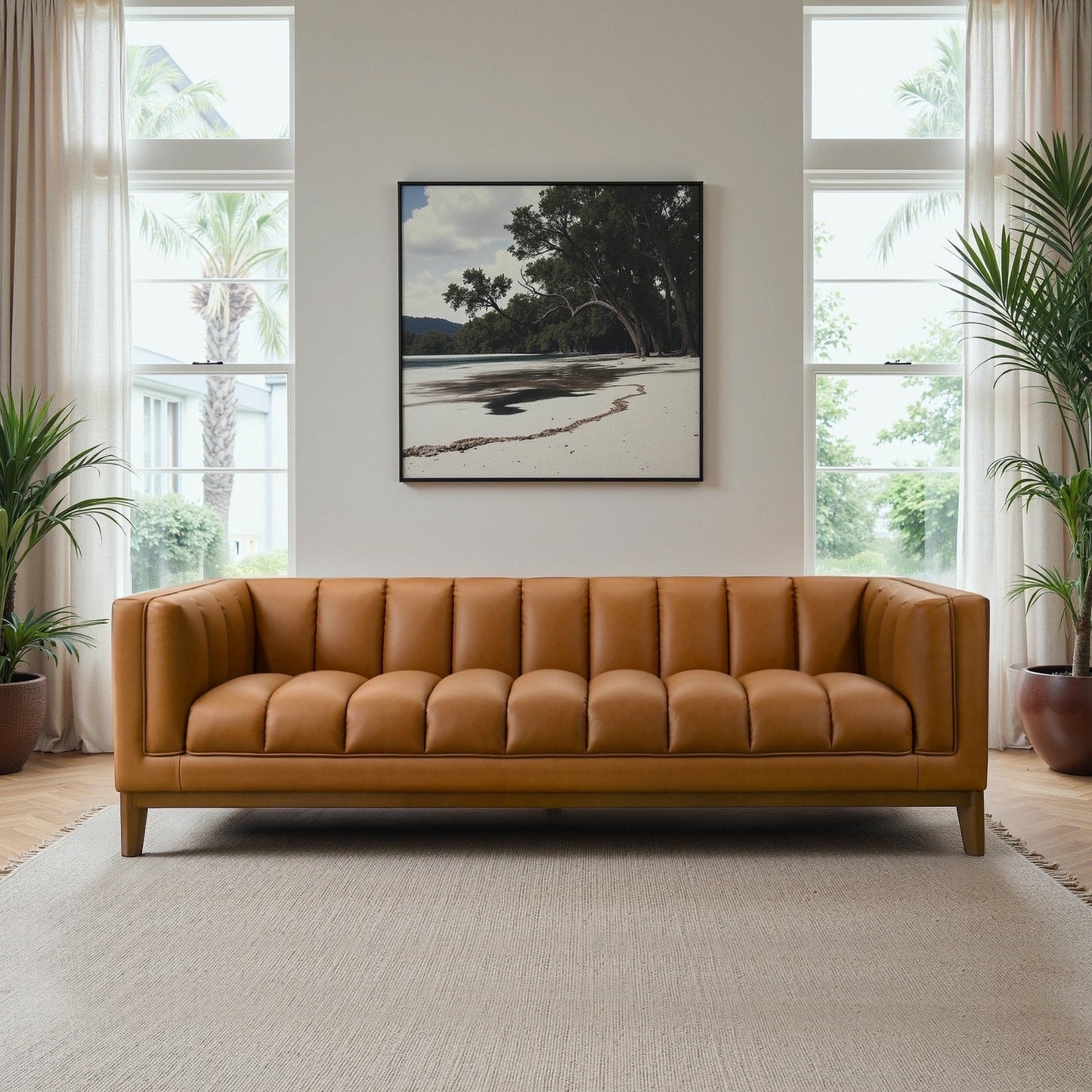 Jasmine Mid-Century Modern Channel Tufted Leather Sofa