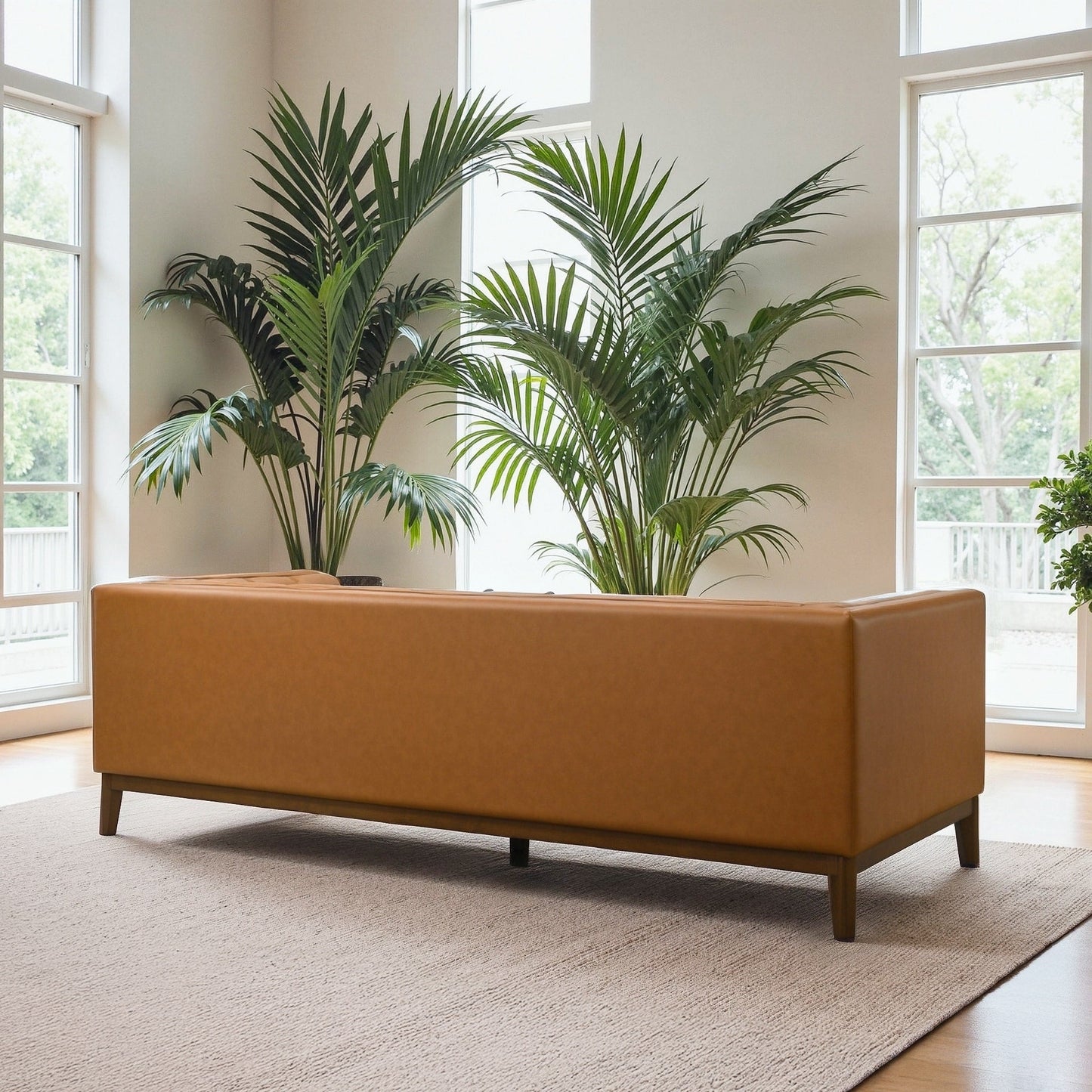 Jasmine Mid-Century Modern Channel Tufted Leather Sofa