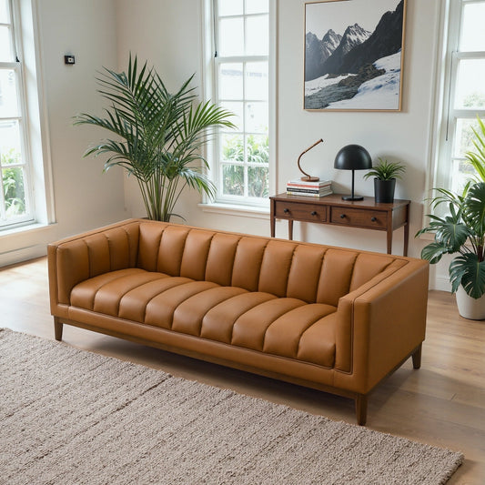 Jasmine Mid-Century Modern Channel Tufted Leather Sofa