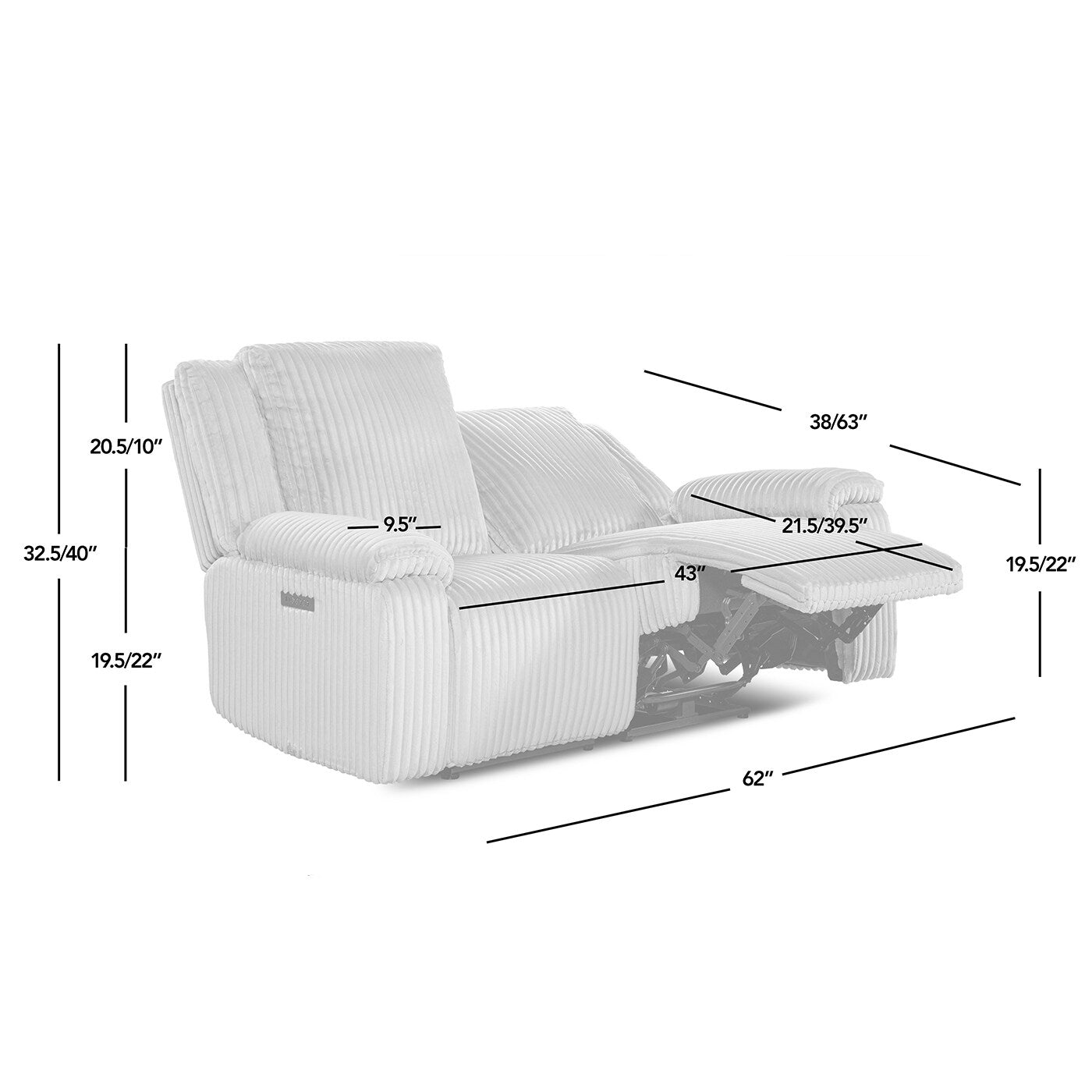 Jennifer Taylor Home Philip 62 Power Motion Recliner Loveseat Sofa, Moon Gray Corduroy