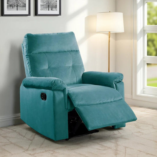 Jessy Manual Recliner Chair, Tufted Cushioned Blue Velvet, Solid Wood