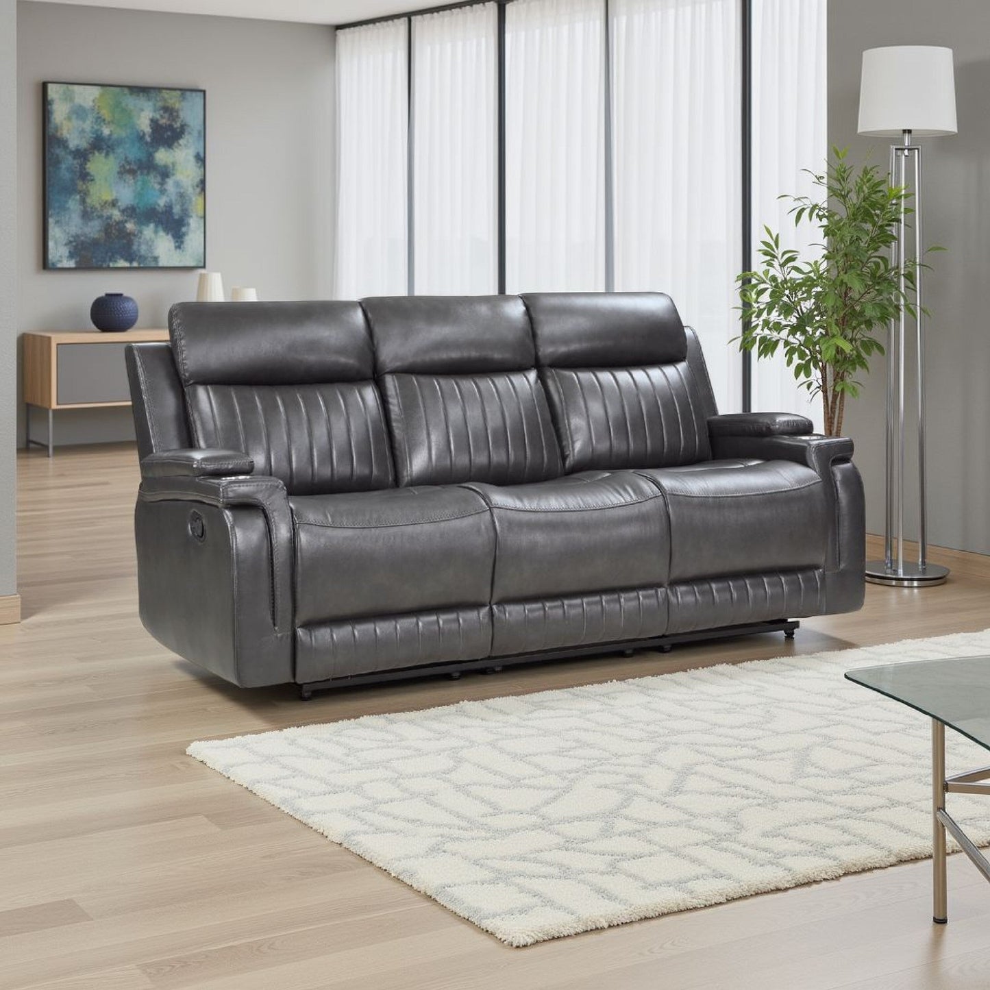 Jolo Manual Recliner Sofa, Drop Table, 82 Inch, Gray Faux Leather