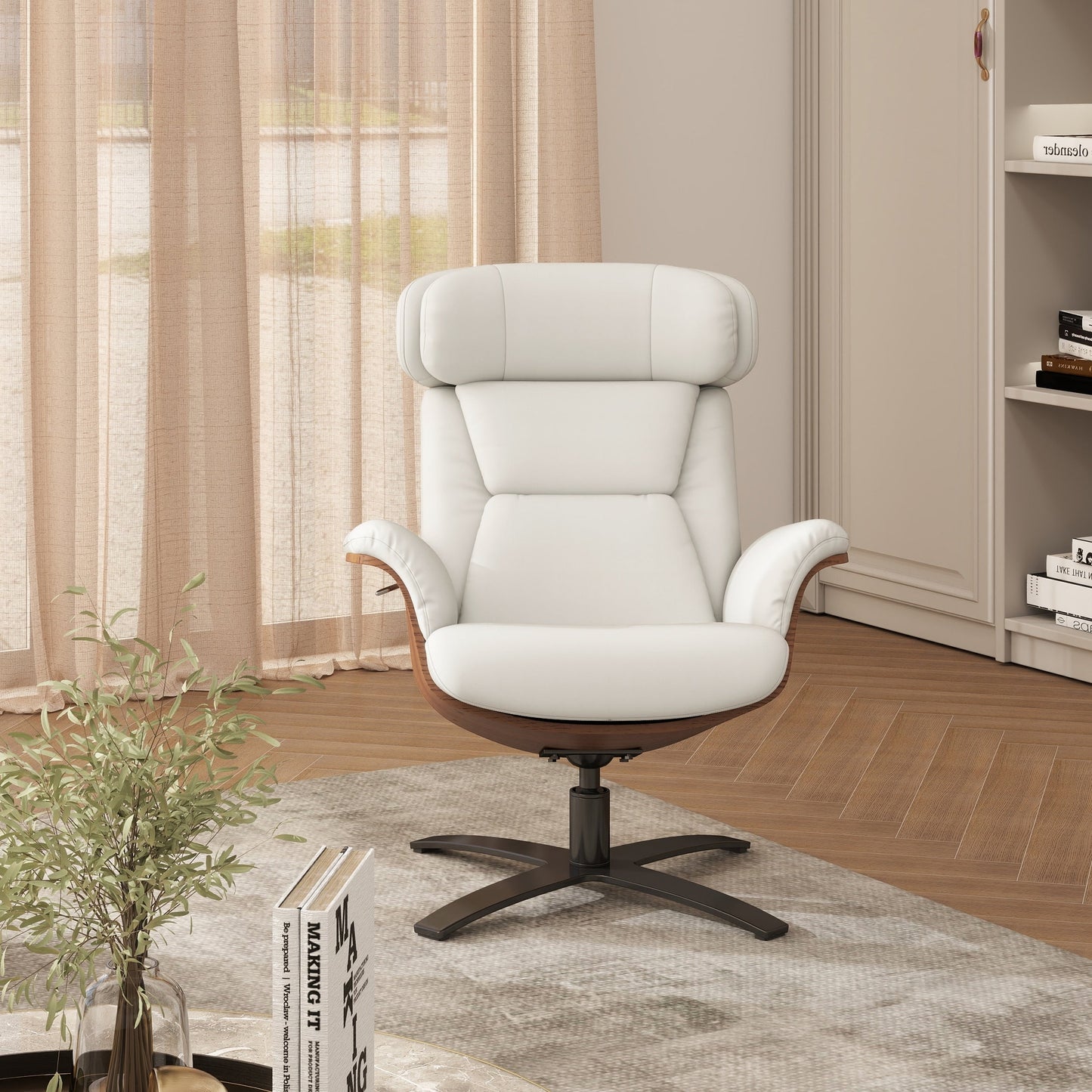 Jovan 31.5 Curved Wood Genuine Leather Recliner Lounge Chair