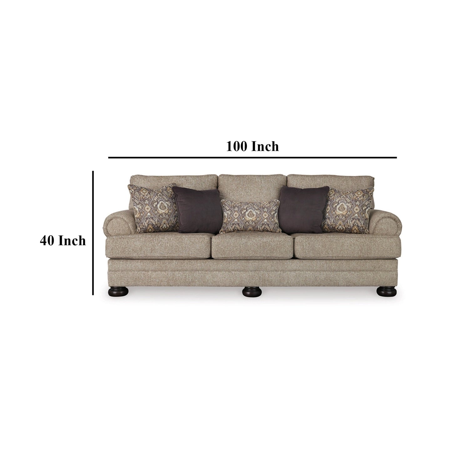 Kana Sofa, 5 Accent Throw Pillows, 100 Inch Classic Brown Polyester