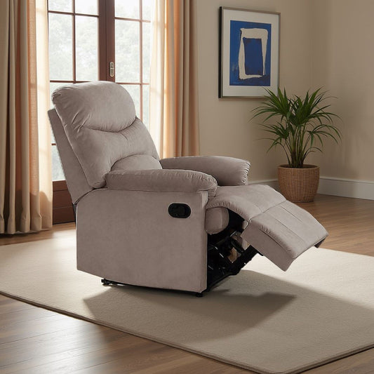 Karry Manual Recliner Chair, Plush Light Brown Velvet, Solid Wood