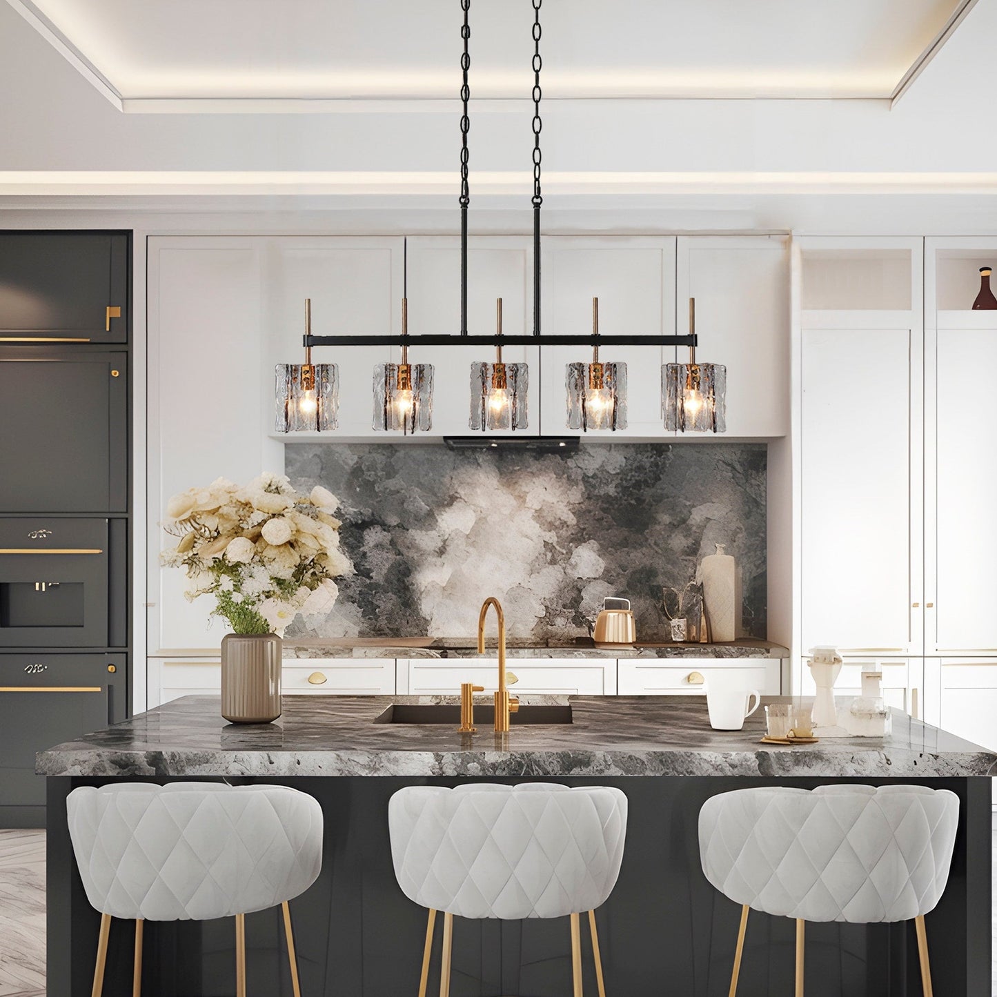 Kasy Modern 5-Light Linear Chandelier Textured Glass Kitchen Island Light Unique Design