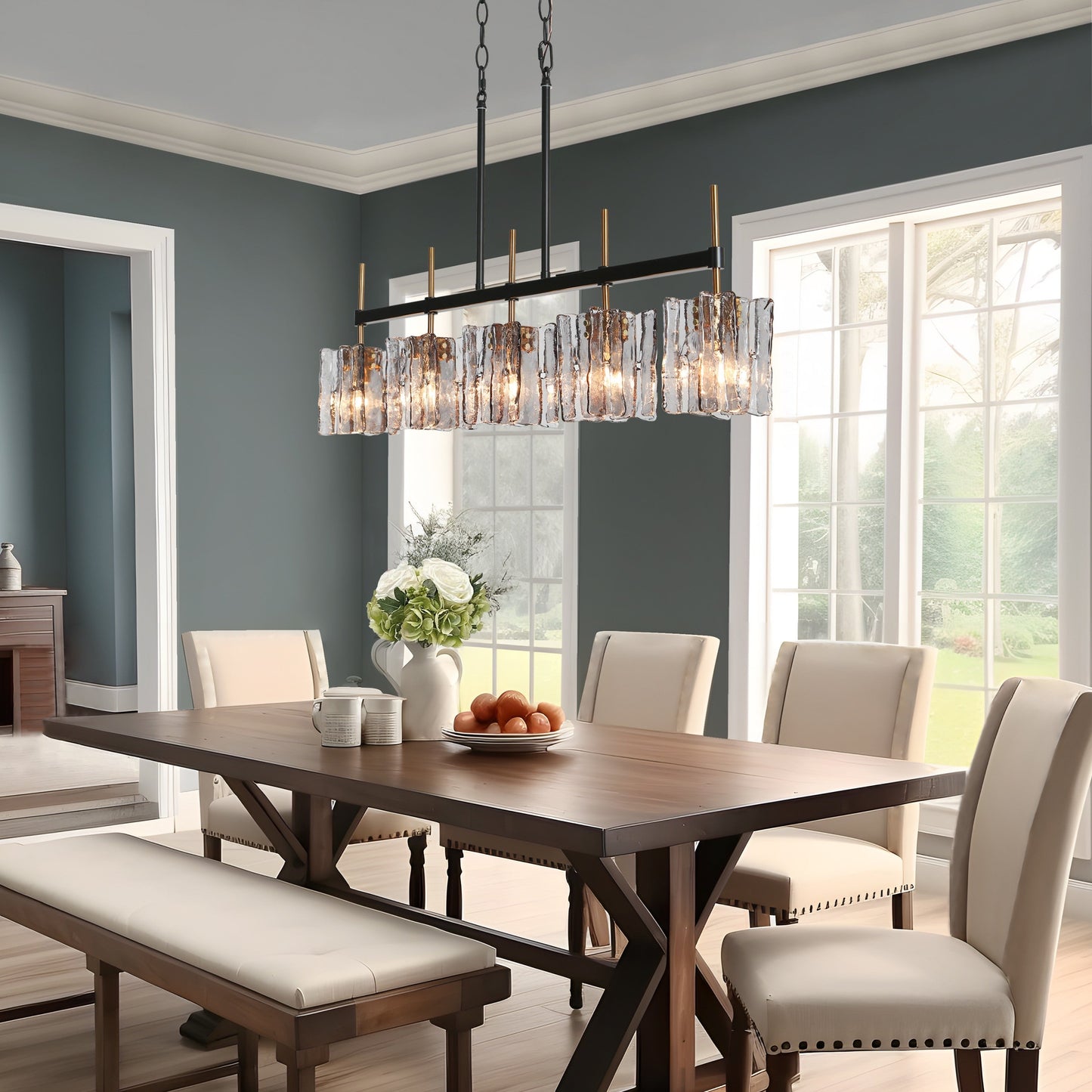 Kasy Modern 5-Light Linear Chandelier Textured Glass Kitchen Island Light Unique Design