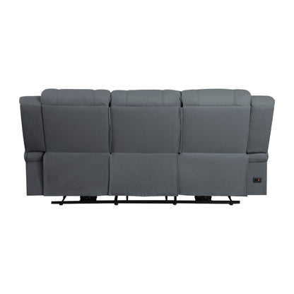 Kate 82 Inch Power Double Recliner Sofa, USB Ports, Blue Microfiber, Wood