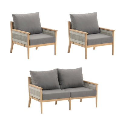 Kayden Bohemian 3-Piece Patio Conversation Set, Outdoor Loveseat and Chair Set with Solid Acacia Wood Frame