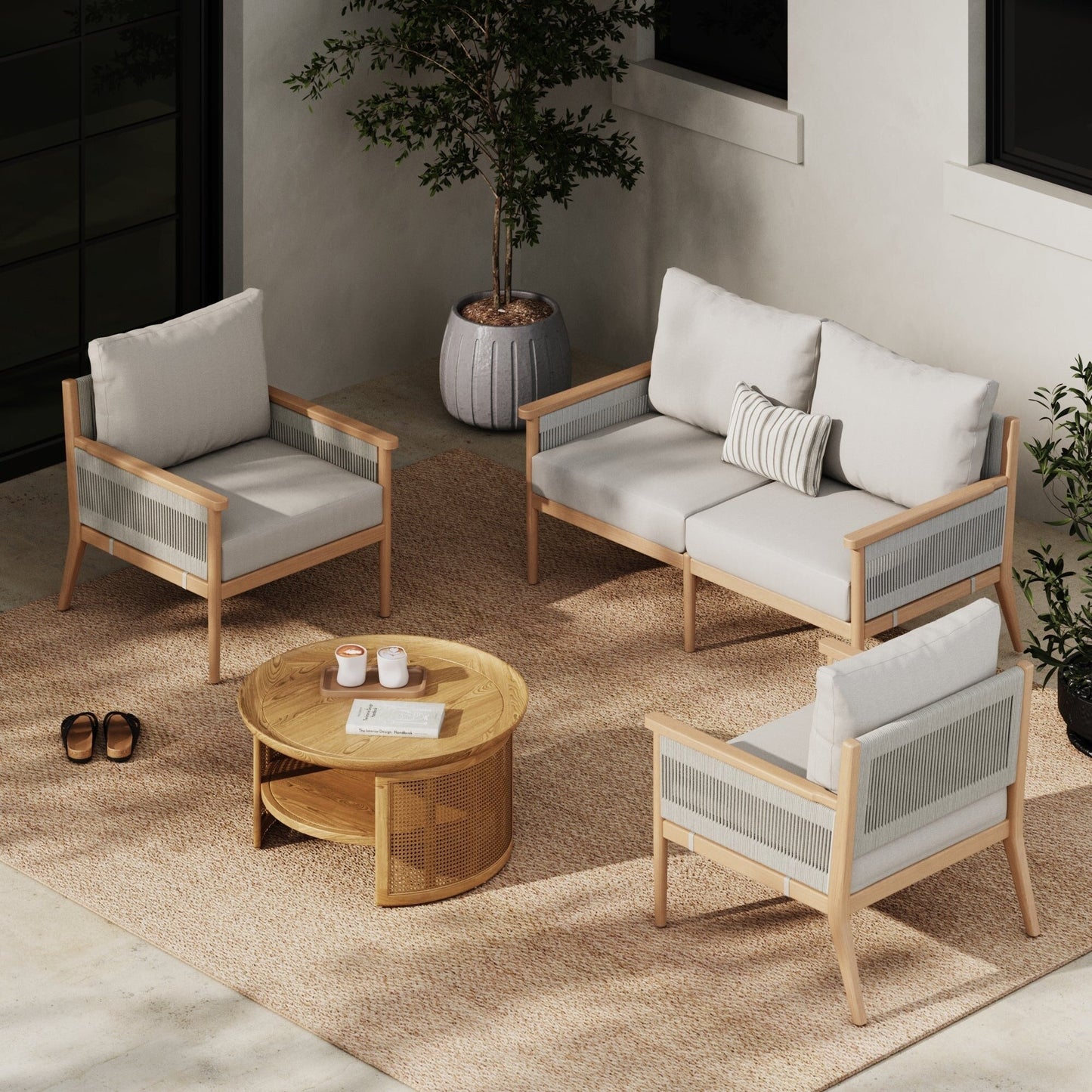 Kayden Bohemian 3-Piece Patio Conversation Set, Outdoor Loveseat and Chair Set with Solid Acacia Wood Frame