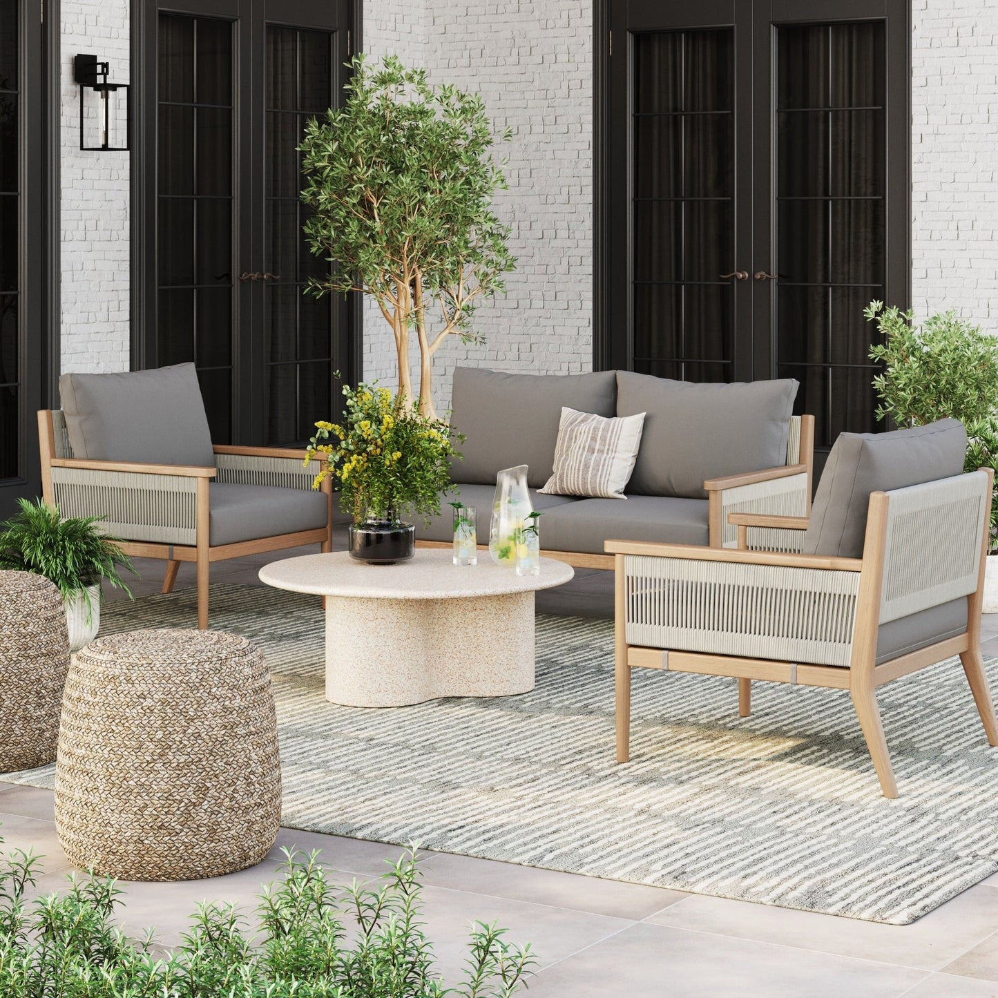 Kayden Bohemian 3-Piece Patio Conversation Set, Outdoor Loveseat and Chair Set with Solid Acacia Wood Frame