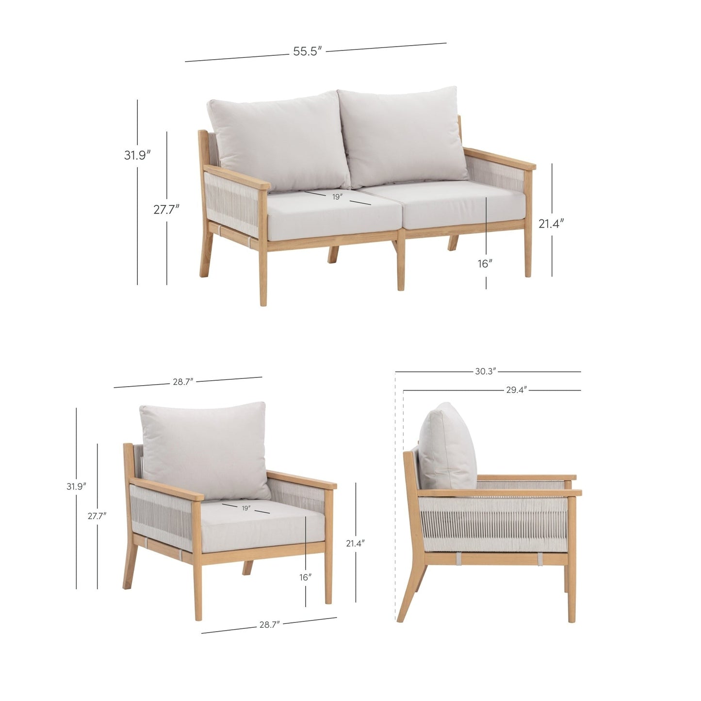 Kayden Bohemian 3-Piece Patio Conversation Set, Outdoor Loveseat and Chair Set with Solid Acacia Wood Frame