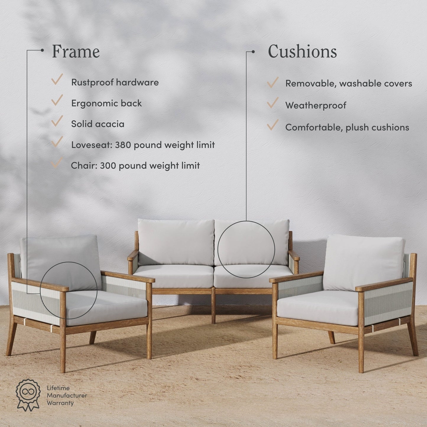 Kayden Bohemian 3-Piece Patio Conversation Set, Outdoor Loveseat and Chair Set with Solid Acacia Wood Frame
