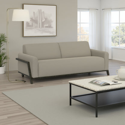Kelly Sofa, Almond Gray Polyester, 2 Throw Pillows, Solid Wood, 91 Inch