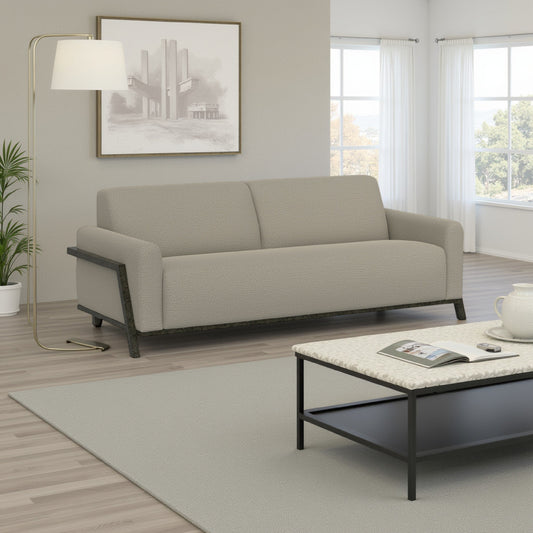 Kelly Sofa, Almond Gray Polyester, 2 Throw Pillows, Solid Wood, 91 Inch