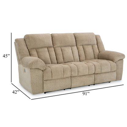 Kendy Power Recliner Sofa, USB Ports, Beige Brown Polyester 91 Inch
