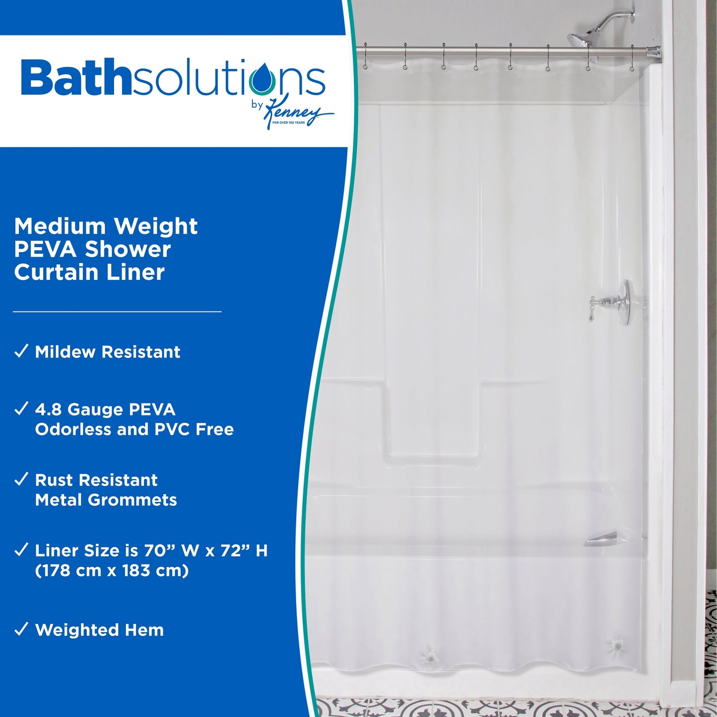 Kenney Medium Weight PEVA Shower Curtain Liner, 70 W x 72 H, 2-Pack