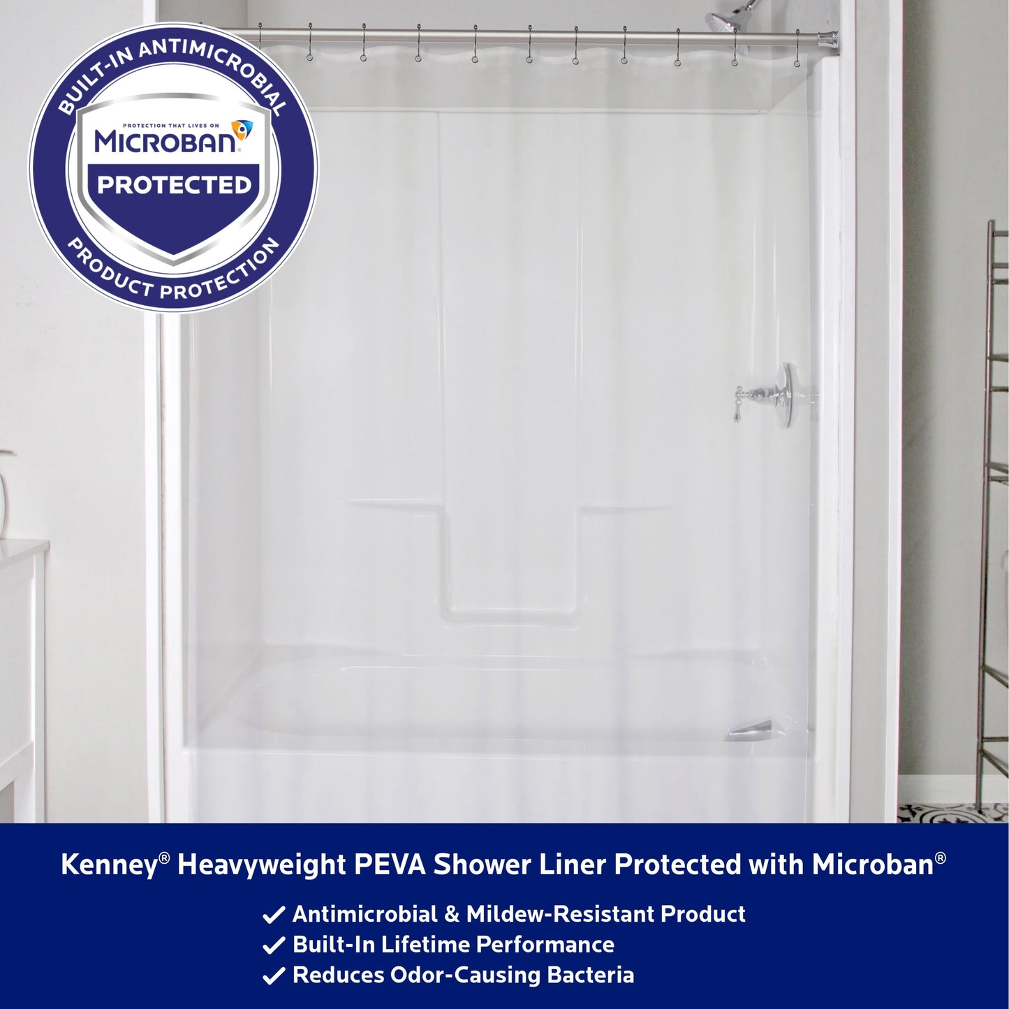 Kenney Microban Protected Heavyweight PEVA Shower Liner, 70 W x 72 H