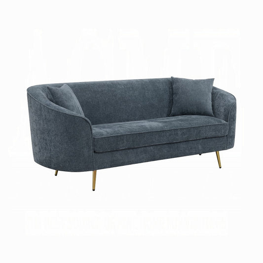 Kenny Sofa, 2 Pillows, Cobalt Blue Chenille, Gold Metal Legs, 77 Inch
